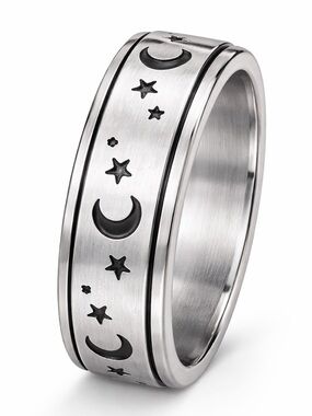 Moon Star Fidget Spinner Ring Stainless Steel Anxiety Band Silver